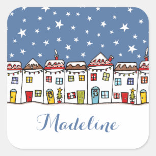 Personalized Christmas Street Snow Scene Square Sticker