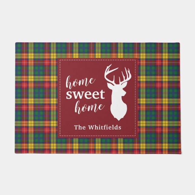 Personalized Christmas Tartan Clan Buchanan Plaid Doormat (Front)