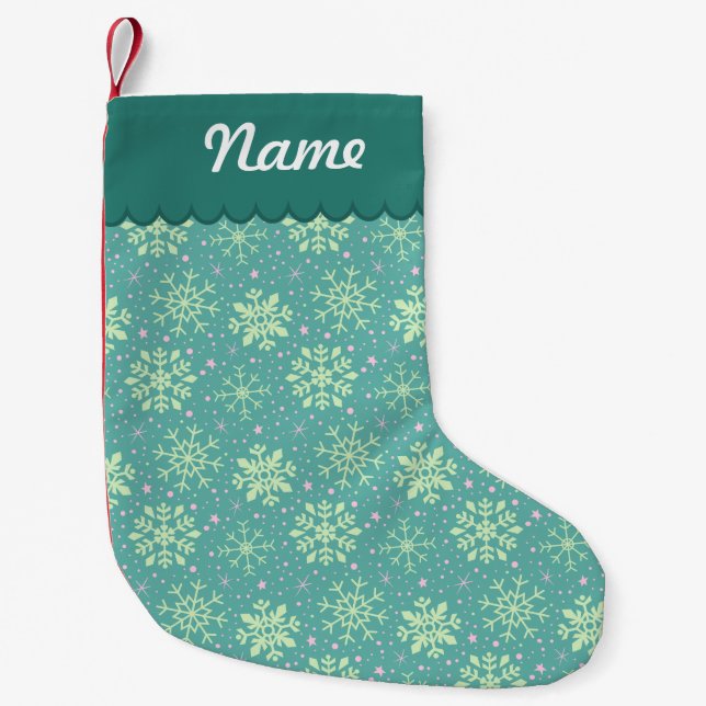 Personalized Christmas Teal Snowflake Pattern Small Christmas Stocking (Front)