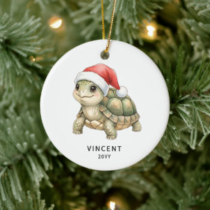 Personalized Christmas Tortoise with Santa Hat Ceramic Ornament