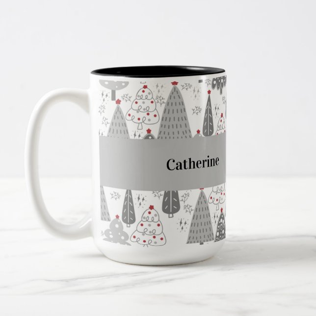 Personalized Christmas Tree Pattern Custom Name Mu Two-Tone Coffee Mug (Left)