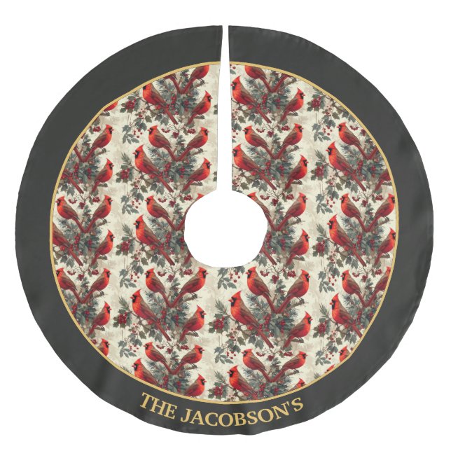 Personalized Christmas Tree Skirt Red Cardinals (Front)