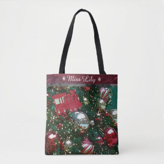 Personalized Christmas Tree Union Station Train Tote Bag