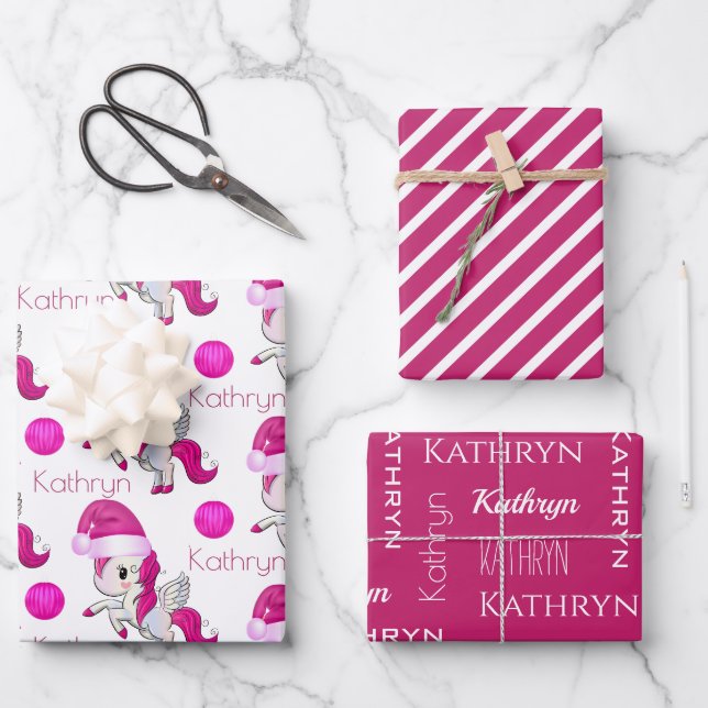 Personalized Christmas Unicorns Wrapping Paper Sheet (Front)