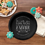 Personalized Christmas Verse Typography Chalkboard Paper Plate<br><div class="desc">Personalized Christmas Bible Verse Typography on Chalkboard Party Paper Plates featuring Luke 2:11 in festive typography on a rustic chalkboard background, with quaint flourishes of white pine branches and pine cones. Perfect for a family gathering, church event, or just to have on hand to remember the Reason for the Season!...</div>