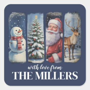 Personalized Christmas Vintage Santa Claus Snowman Square Sticker