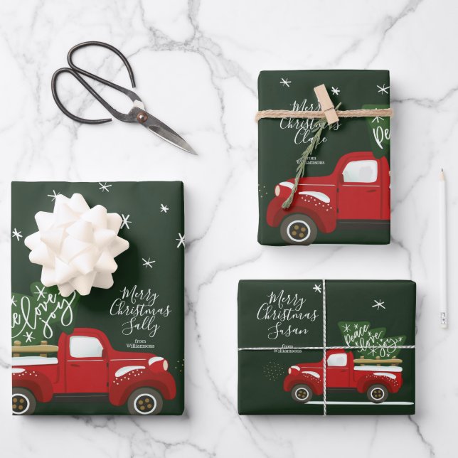 Personalized Christmas Vintage Truck Wrapping Wrapping Paper Sheet (Front)