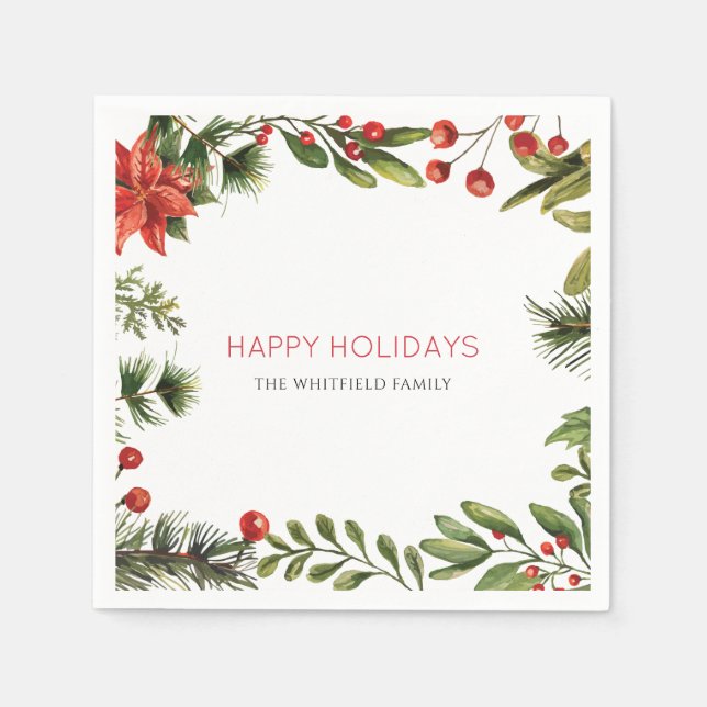 Personalized Christmas Watercolor Berries Family Napkin (Front)