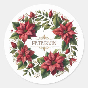 Personalized Christmas Watercolor Poinsettias  Classic Round Sticker