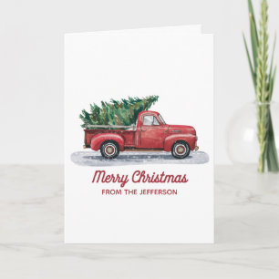 Personalized Christmas watercolor Red Truck        Holiday Card