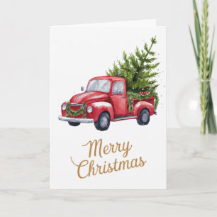 Personalized Christmas watercolor Red Truck Holiday Card