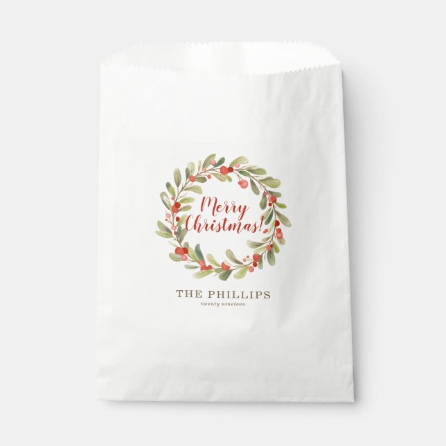 Personalized Christmas Watercolor Wreath Favour Bag (Front)