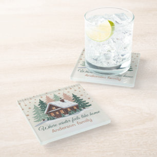 Personalized Christmas Winter Cabin Glass Coaster