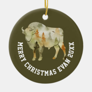 Personalized Christmas Winter Scene with Buffalo Ceramic Ornament