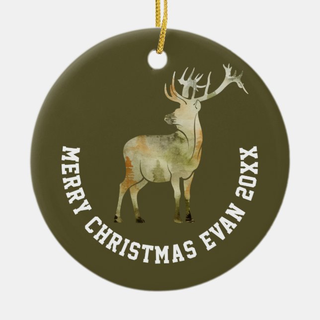 Personalized Christmas Winter Scene with Deer Art Ceramic Ornament (Front)