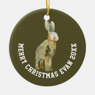 Personalized Christmas Winter Scene with Rabbit Ceramic Ornament