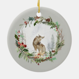Personalized Christmas Winter Scene with Wolf Art Ceramic Ornament