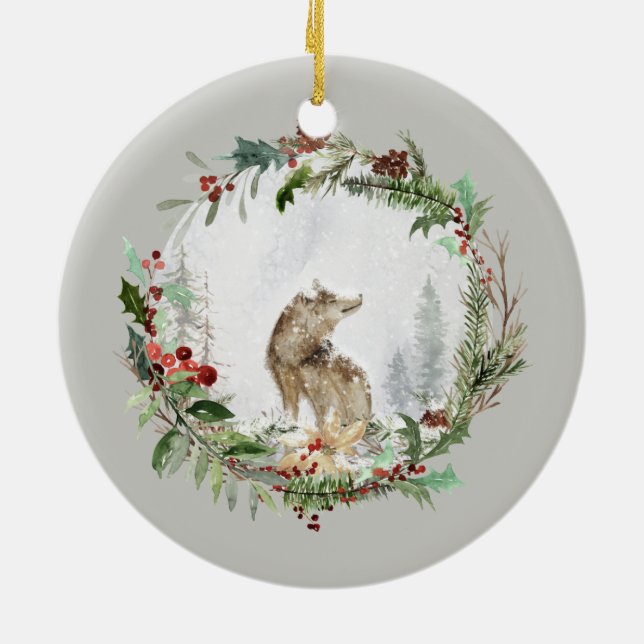 Personalized Christmas Winter Scene with Wolf Art Ceramic Ornament (Back)