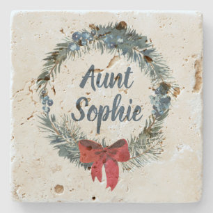 Personalized Christmas Wreath Blue Berries Stone Coaster