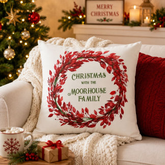 Personalized Christmas Wreath Family Name Holiday Throw Pillow