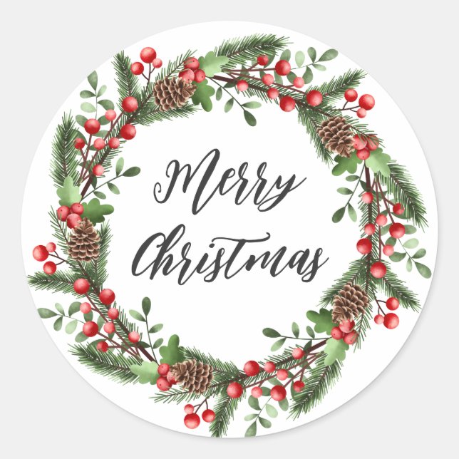 Personalized Christmas Wreath Merry Christmas Clas Classic Round Sticker (Front)