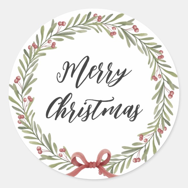 Personalized Christmas Wreath Merry Christmas Classic Round Sticker (Front)