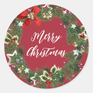 Personalized Christmas Wreath Merry Christmas Classic Round Sticker