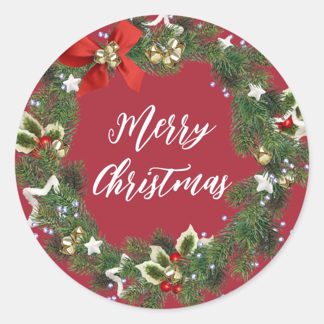 Personalized Christmas Wreath Merry Christmas Classic Round Sticker (Front)