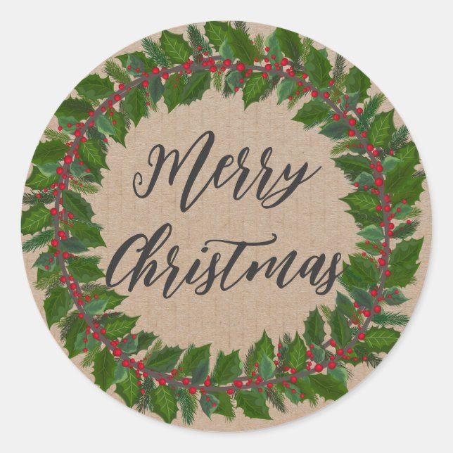 Personalized Christmas Wreath Merry Christmas Classic Round Sticker (Front)