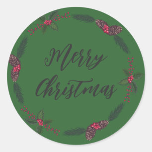 Personalized Christmas Wreath Merry Christmas Classic Round Sticker