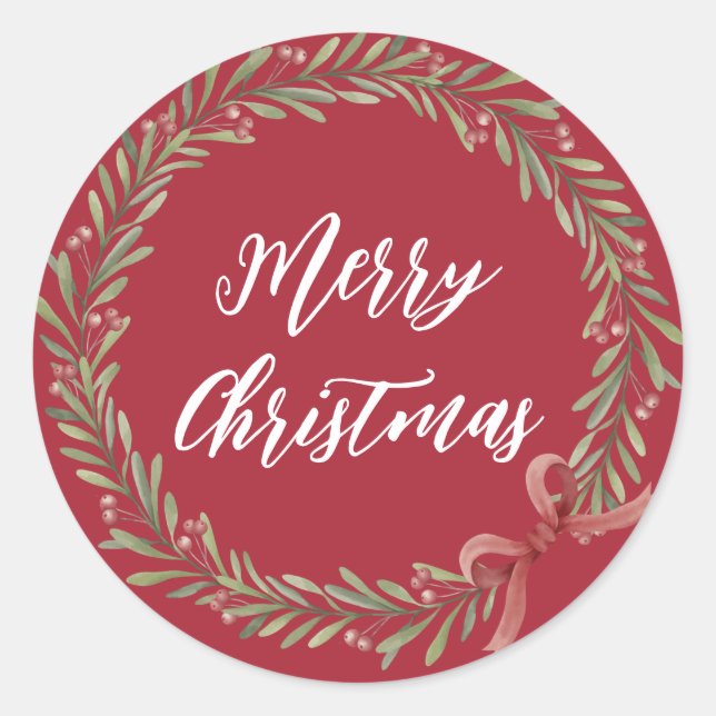 Personalized Christmas Wreath Merry Christmas Classic Round Sticker (Front)