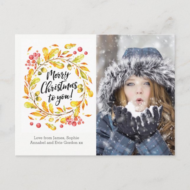 Personalized Christmas wreath photo card postcard (Front)