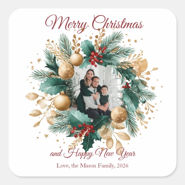 Personalized Christmas Wreath Photo Card Square Sticker (Front)