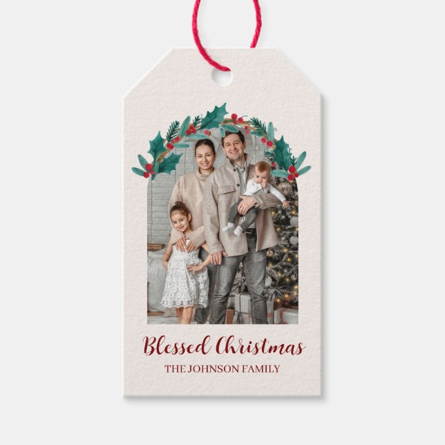 Personalized Christmas Wreath Photo Gift Tag (Front)