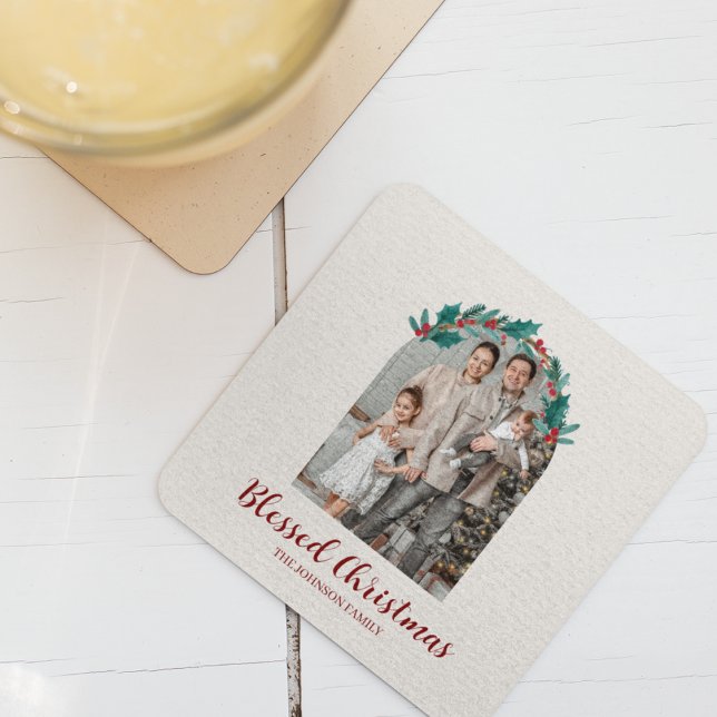 Personalized Christmas Wreath Photo Paper Coaster (Creator Uploaded)