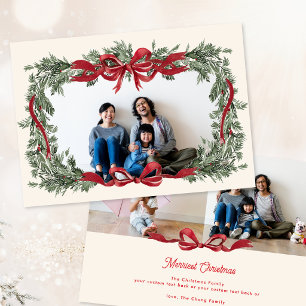 Personalized Christmas Wreath Red Bow 3 Photo Holiday Card