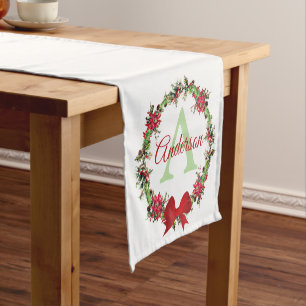 Personalized Christmas wreath  Short Table Runner
