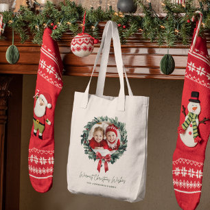 Personalized Christmas Wreath Tote Bag with Photo 