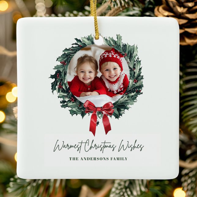 Personalized Christmas Wreath with Photo & Name Ceramic Ornament (Creator Uploaded)