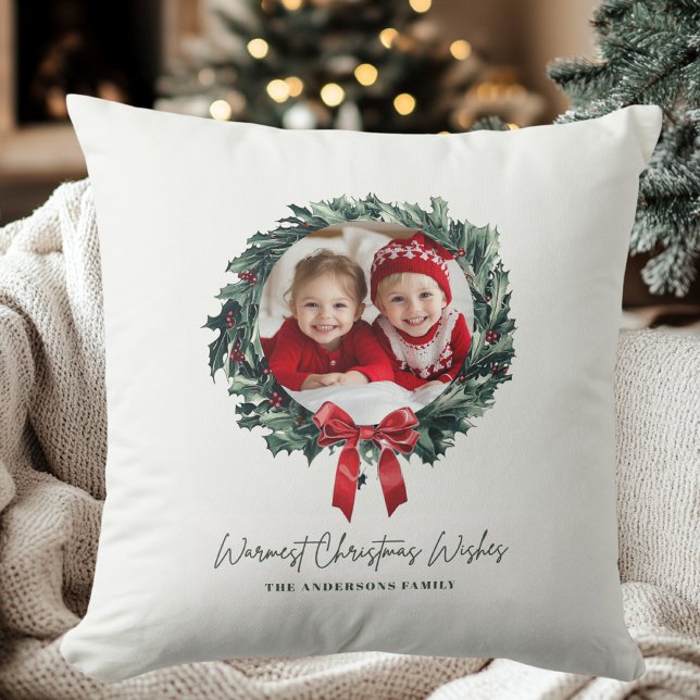 Personalized Christmas Wreath with Photo & Name  Throw Pillow (Creator Uploaded)