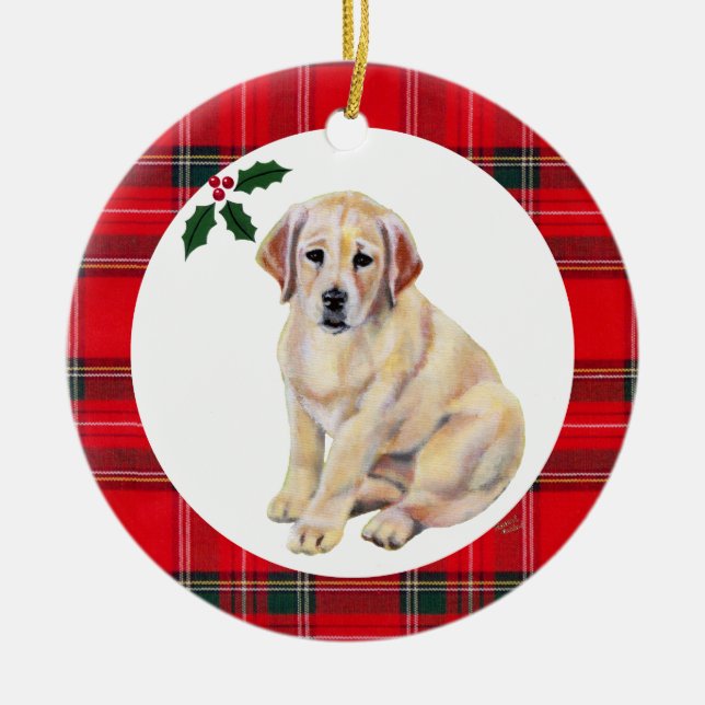 Personalized Christmas Yellow Lab Puppy Ceramic Ornament (Front)
