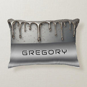 Personalized Chrome Drip Name Futuristic Silver Accent Pillow