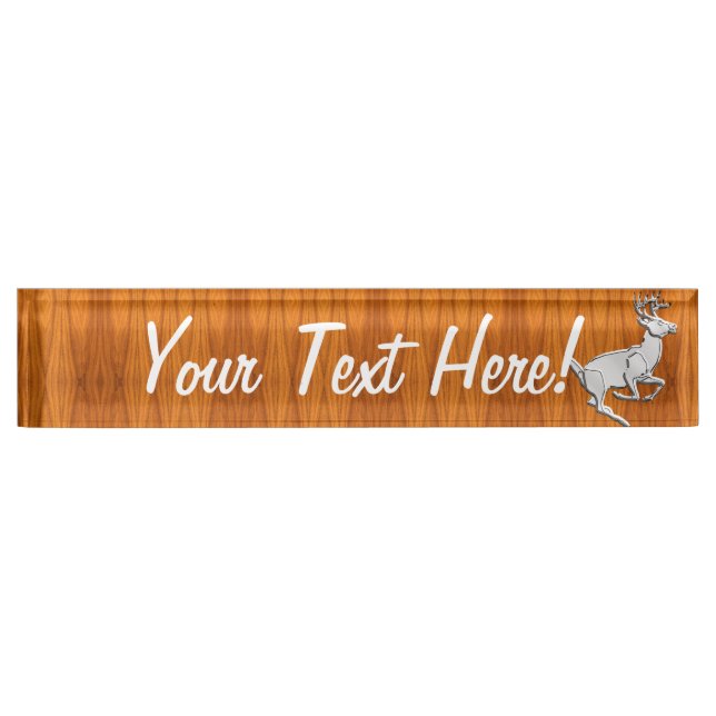 Personalized Chrome Running Deer Fine Teak Print Nameplate (Front)