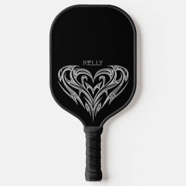 Personalized Chrome Tribal Heart on Black Pickleball Paddle (Front)