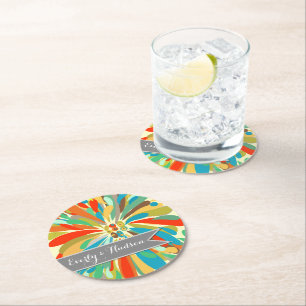 Personalized Chrysanthemum Bold Colourful Floral Round Paper Coaster