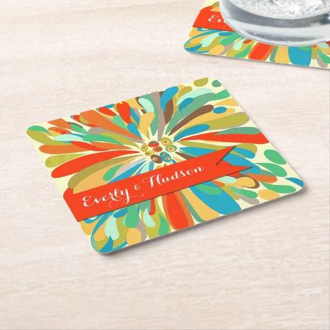 Personalized Chrysanthemum Bold Colourful Floral Square Paper Coaster (Angled)