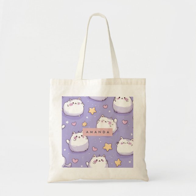 Personalized Chubby Cat & Pastel Star Pattern Tote Bag (Front)