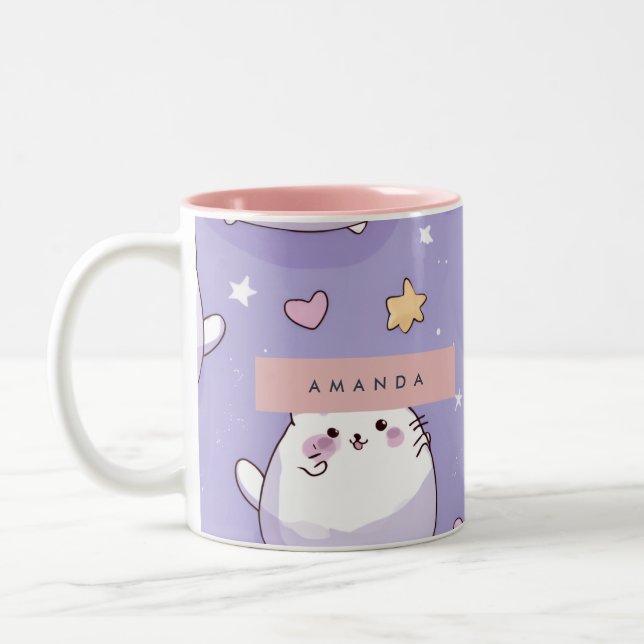 Personalized Chubby Cat & Pastel Star Pattern Two-Tone Coffee Mug (Left)