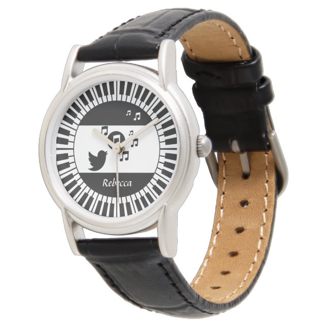 Personalized Circle Piano Keys and Songbird Ladies Watch (Angled)