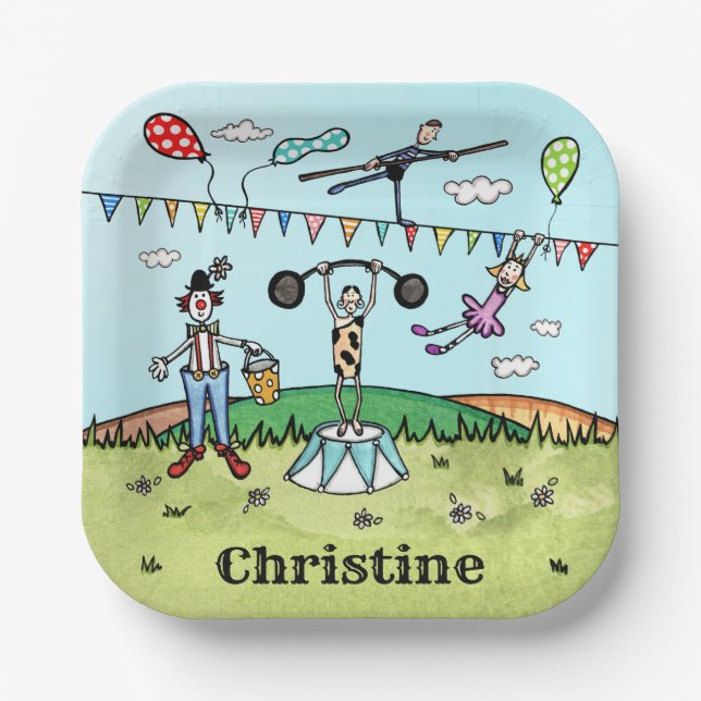 Personalized Circus Acrobat, Clown and Strongman Paper Plate (Front)